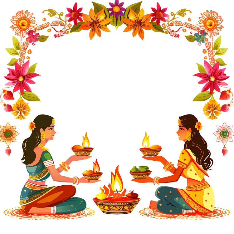 Women Celebrating Diwali with Diyas and Flowers