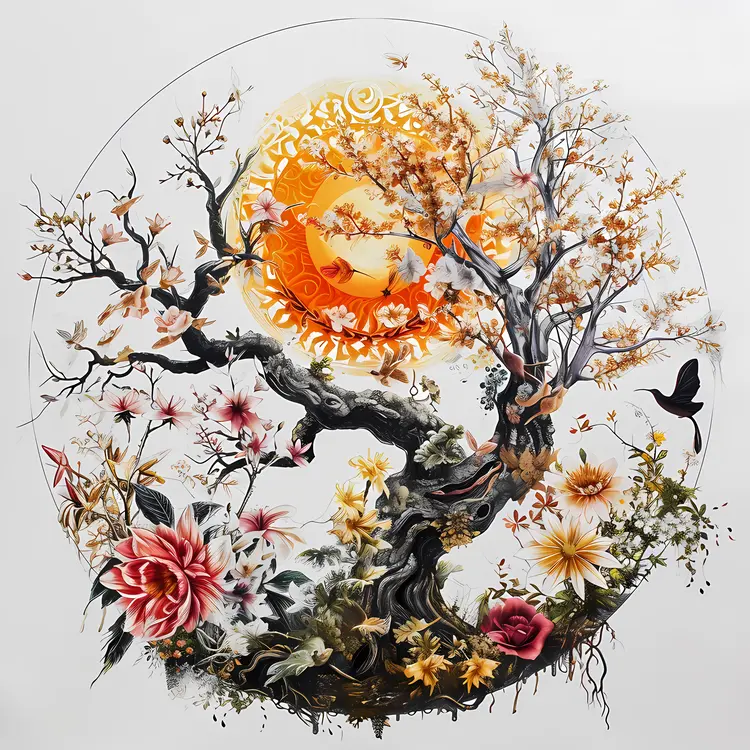 Tree and Flowers with Sun