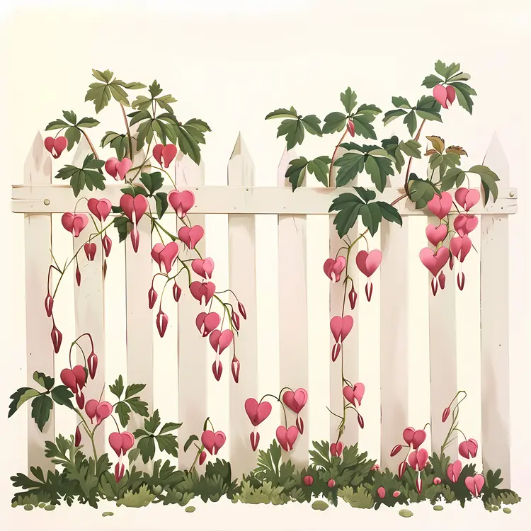 Bleeding Heart Flowers on White Picket Fence