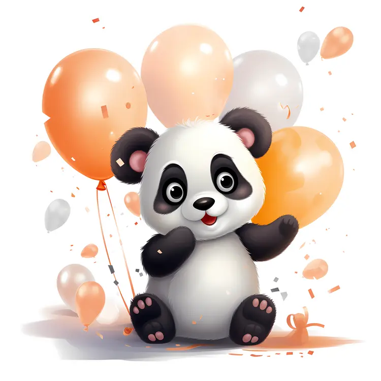 Cartoon Panda with Balloons and Confetti