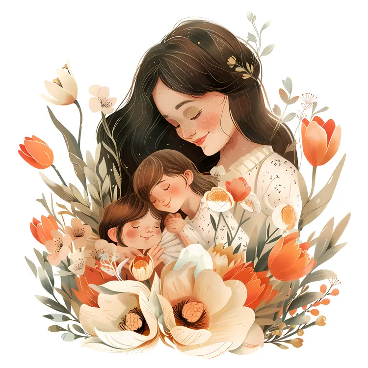 Mother with Two Children in a Floral Setting