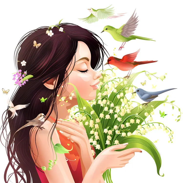 Girl Holding Lily of the Valley with Birds