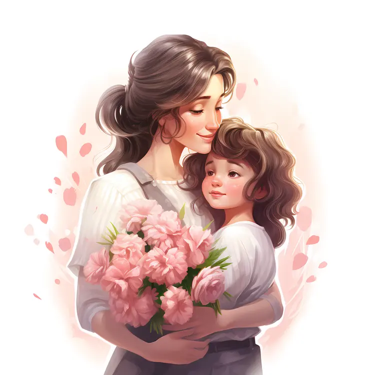Mother and Child with Pink Flowers Illustration