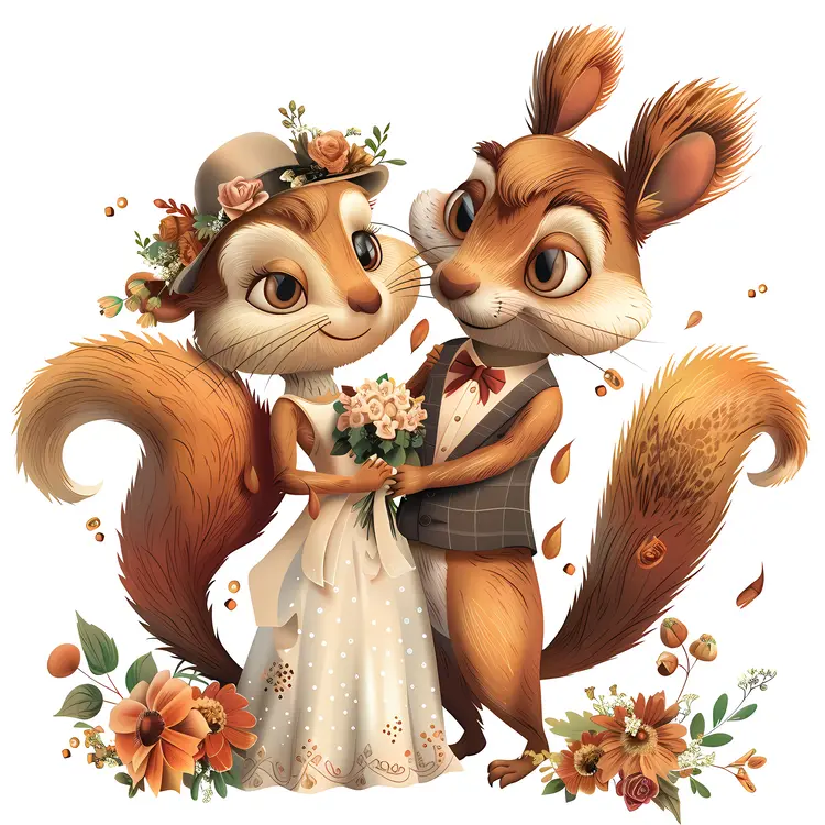 Squirrels in Wedding Attire with Flowers