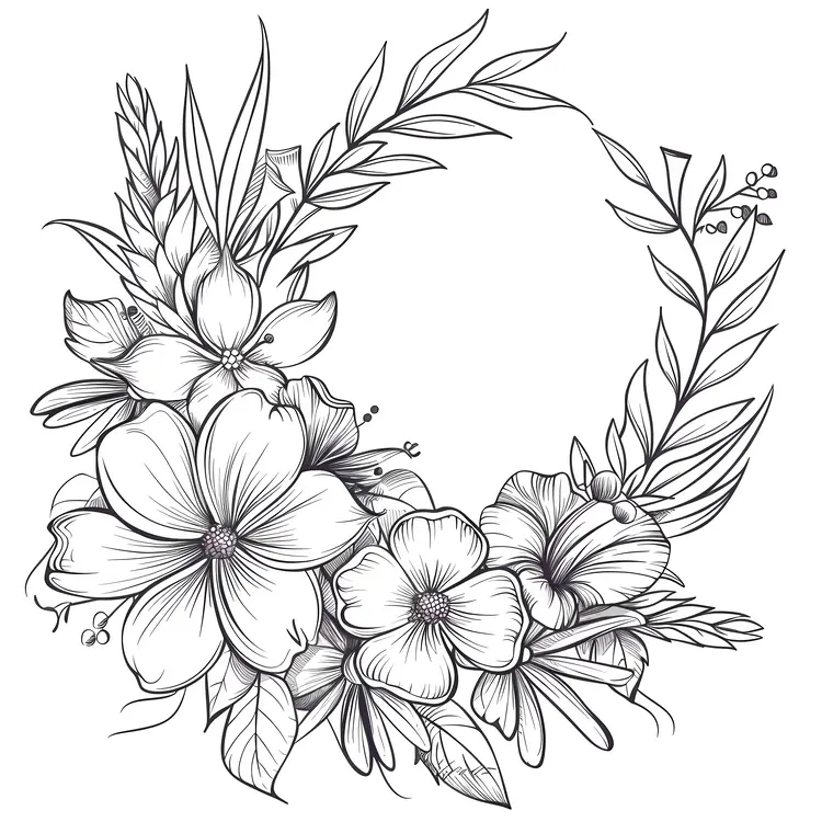 Black and White Floral Wreath Illustration