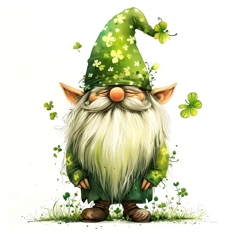Green Gnome with Shamrock Hat and Long Beard