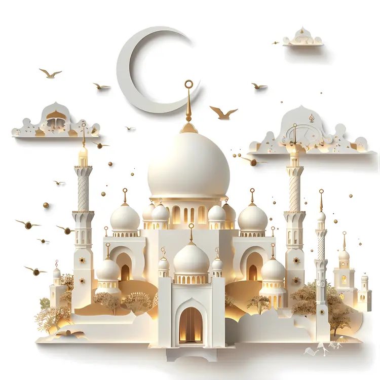 White Mosque with Minarets and Crescent Moon in Daytime
