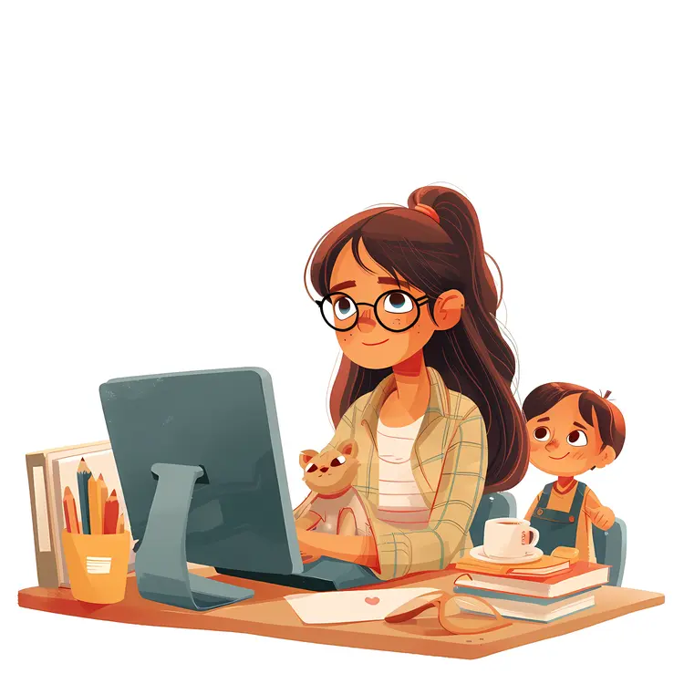 Mother and Child Working at Computer