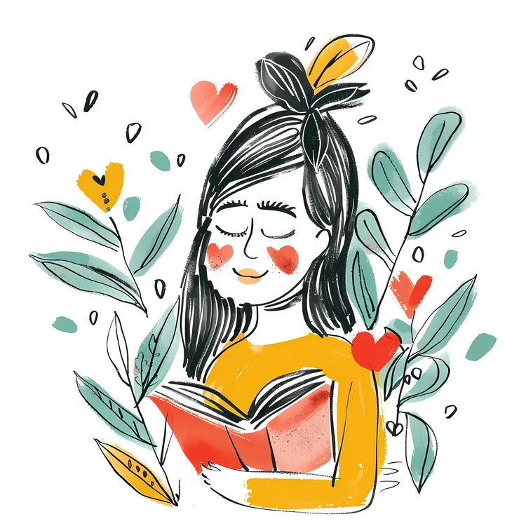 Cute Girl Reading Book with Hearts and Leaves