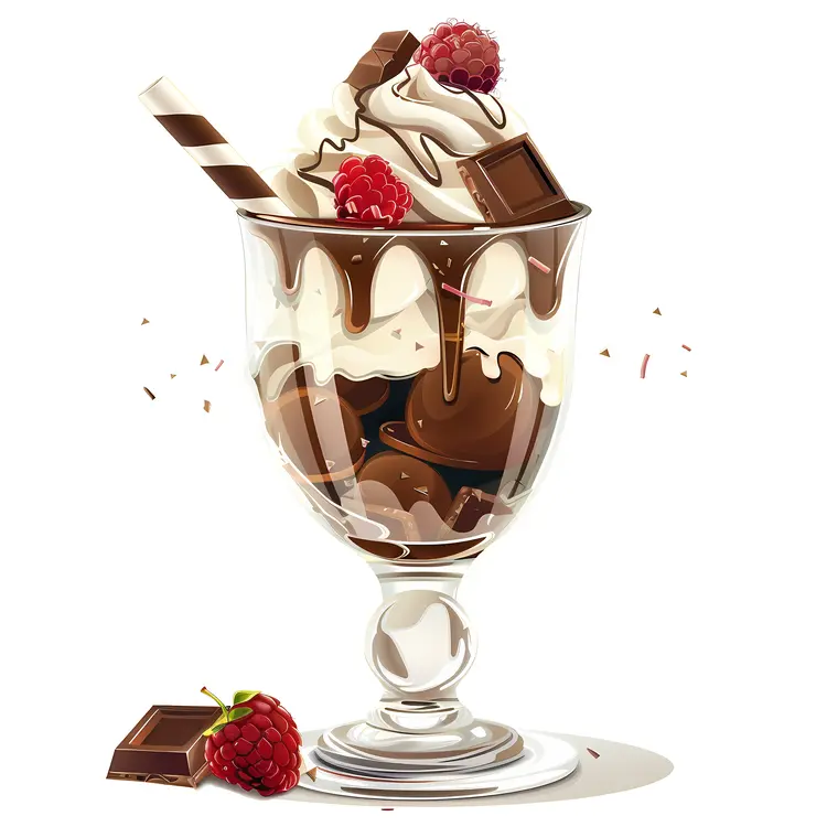 Chocolate Sundae with Raspberries and Chocolate Pieces