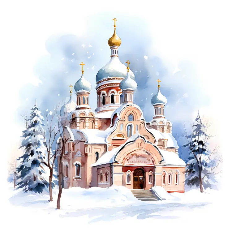 Snowy Church with Blue Domes