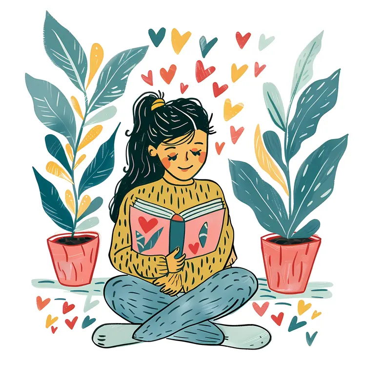 Girl Reading Book with Plants and Hearts