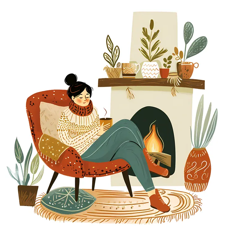 Cozy Woman Reading by the Fireplace