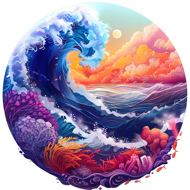 Ocean Wave with Coral and Fish