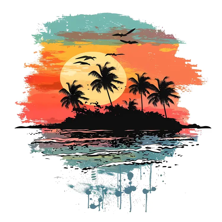 Island Sunset with Palm Trees and Birds