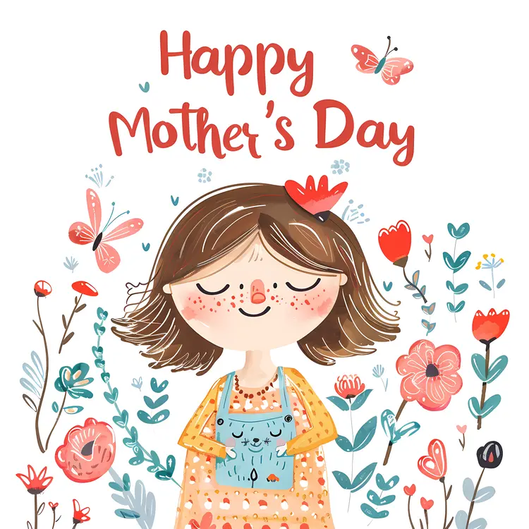 Happy Mother's Day Card with Girl and Butterflies