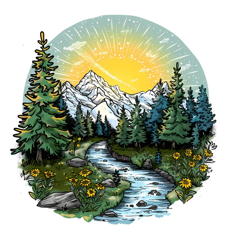 Mountain Landscape with River and Trees