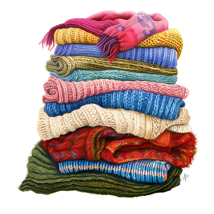 Stack of Colorful Knit Sweaters in Different Textures