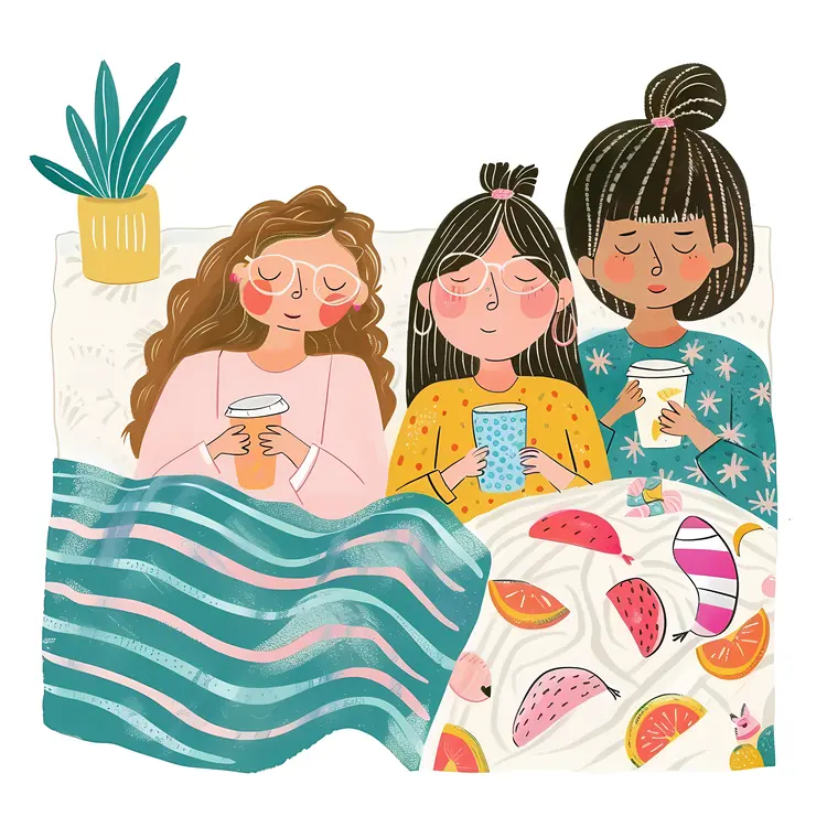 Three Children Enjoying Drinks in Bed