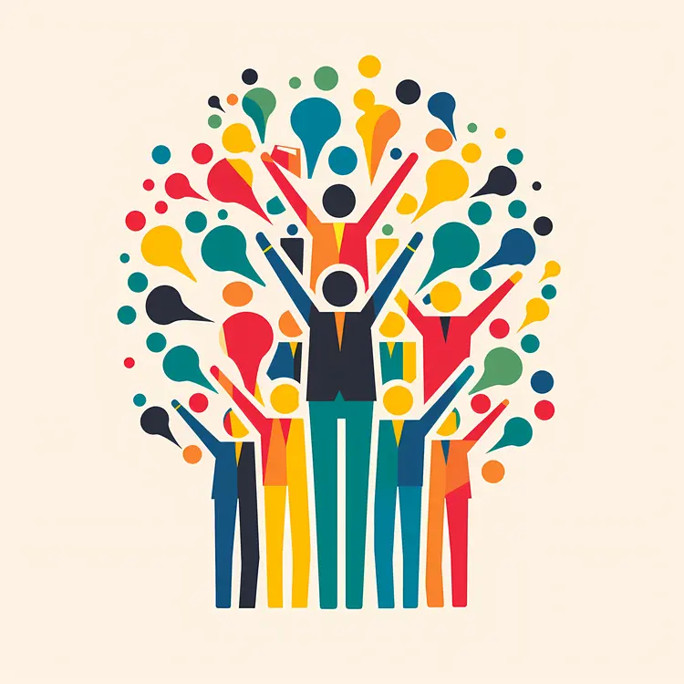 Group Celebrating with Colorful Speech Bubbles