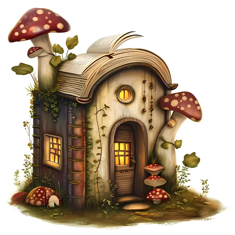 House with Mushrooms Emerging from a Book