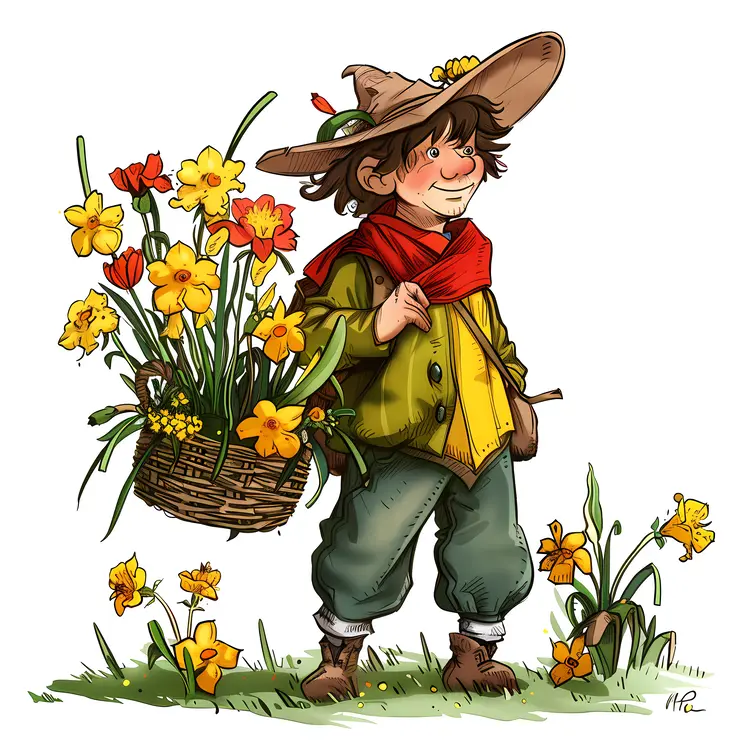 Cartoon Character Carrying a Basket of Flowers