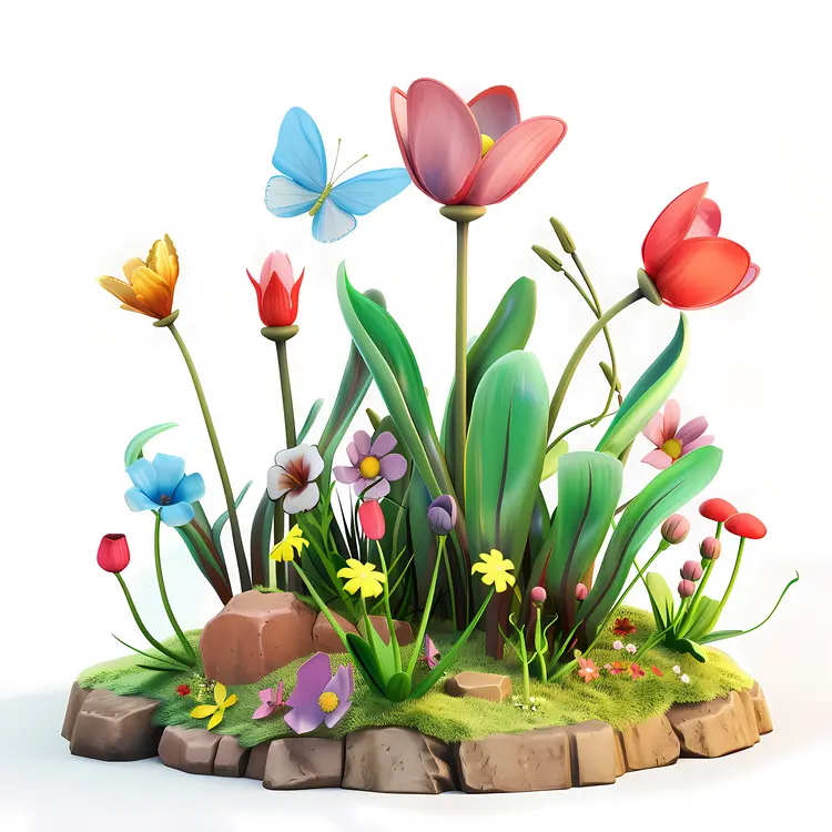 Colorful Cartoon Tulips with a Butterfly