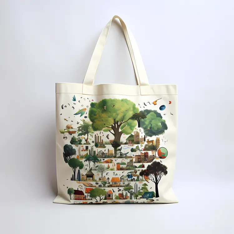 Eco-friendly Tote Bag with Tree and Village Design