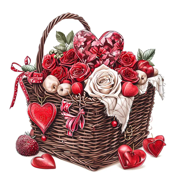 Heart Basket with Roses and Decorations for Valentine's Day