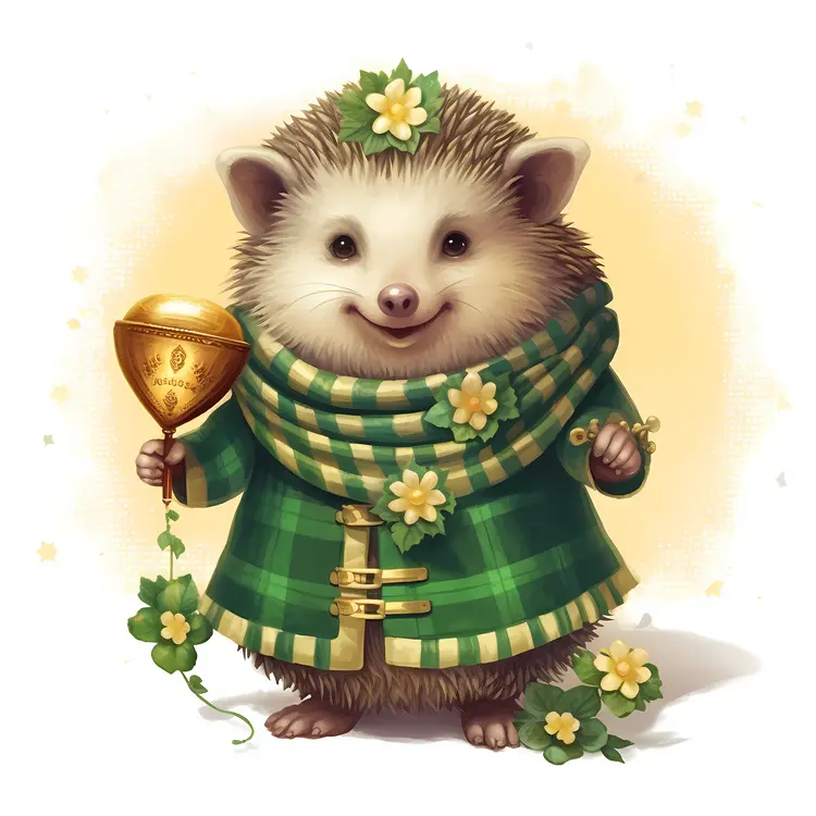 Cute Hedgehog in Green Outfit with Flowers