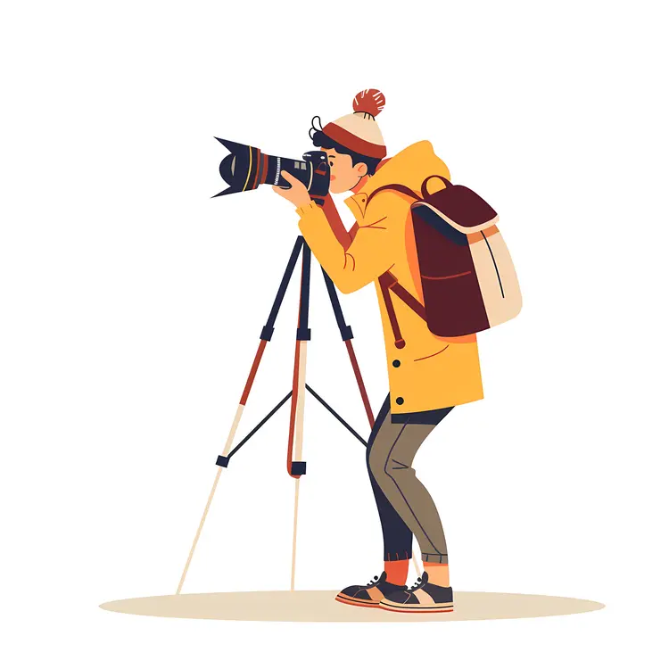Photographer in Yellow Jacket Using Tripod