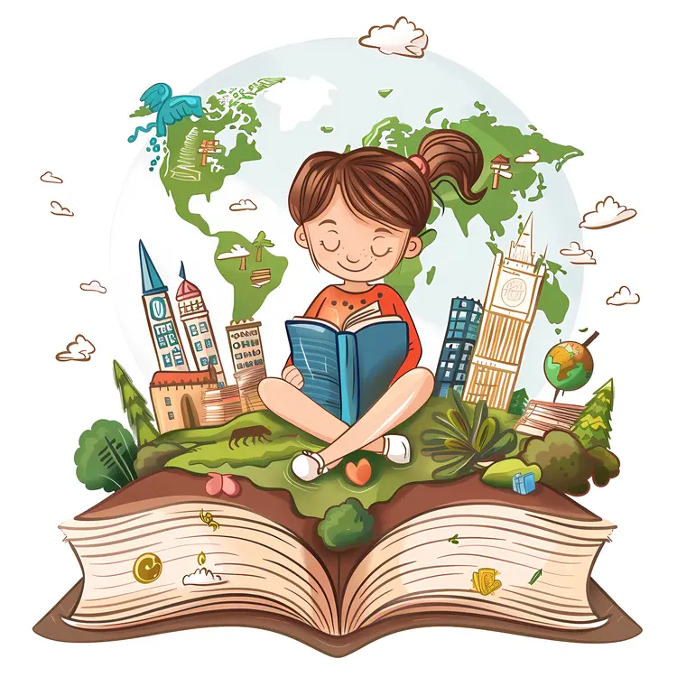 Girl Reading Book with World Landmarks