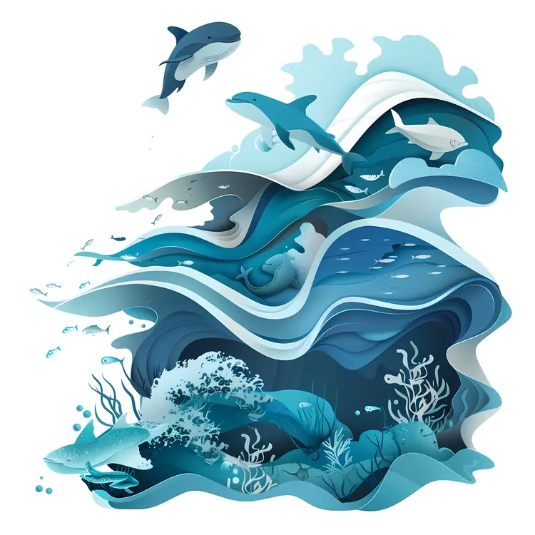 Marine Life Illustration with Sharks and Waves