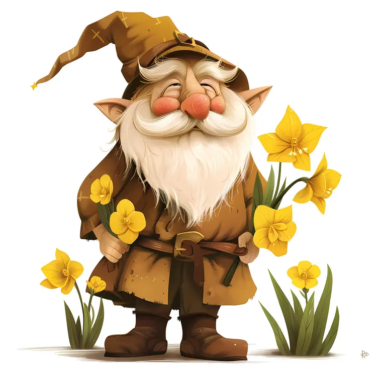 Cute Gnome with Daffodils