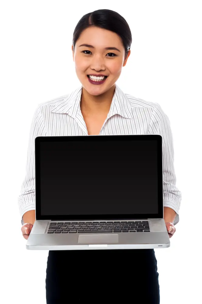 Smiling Woman Holding Laptop