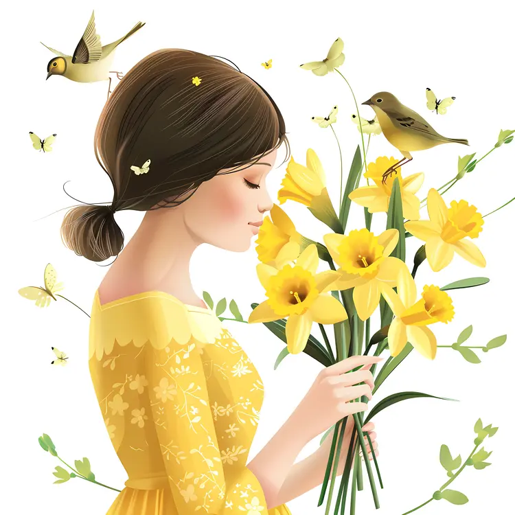 Girl Holding Daffodils with Birds Illustration