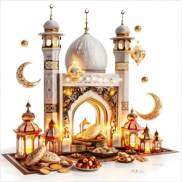 Decorative Mosque with Lanterns and Festive Food