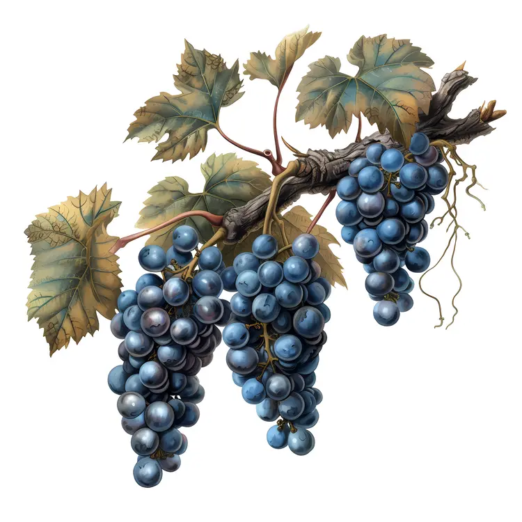 Cluster of Blue Grapes with Leaves
