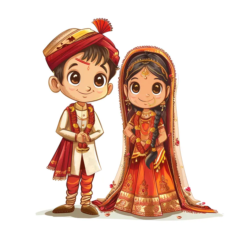 Cartoon Couple in Traditional Wedding Attire