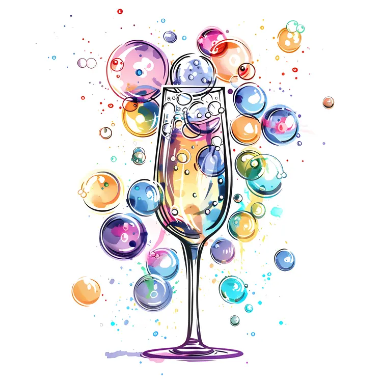 Champagne Glass with Colorful Bubbles