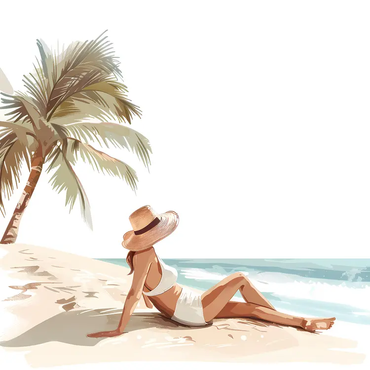 Woman Relaxing on Beach Under Palm Tree