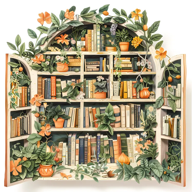 Bookshelf with Flowers and Greenery