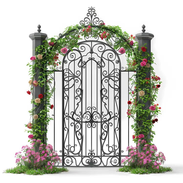 Ornate Floral Gate with Red and Pink Flowers