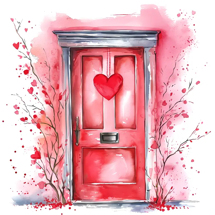 Red Door with Heart Decoration for Valentine's Day