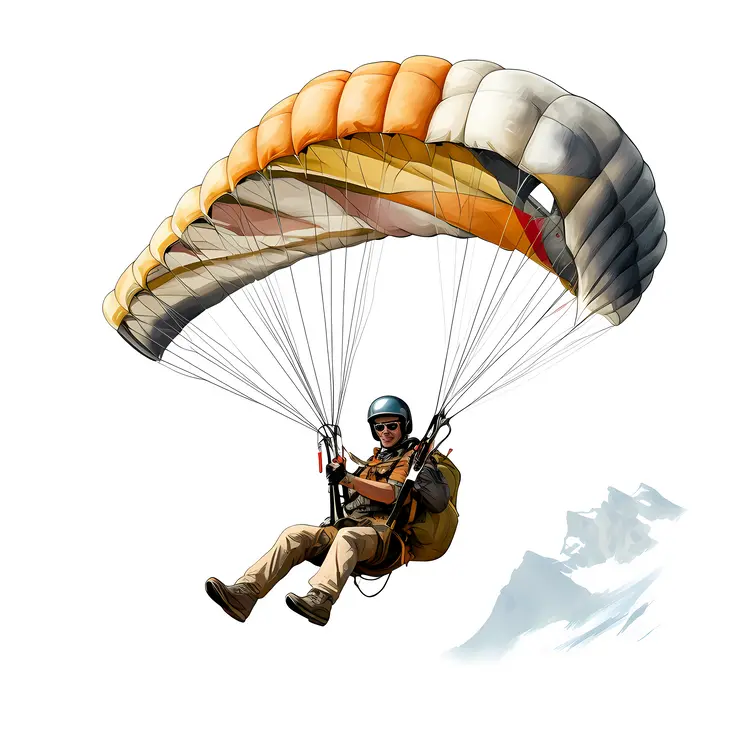 Paraglider with Orange and Grey Parachute over Snowy Peaks