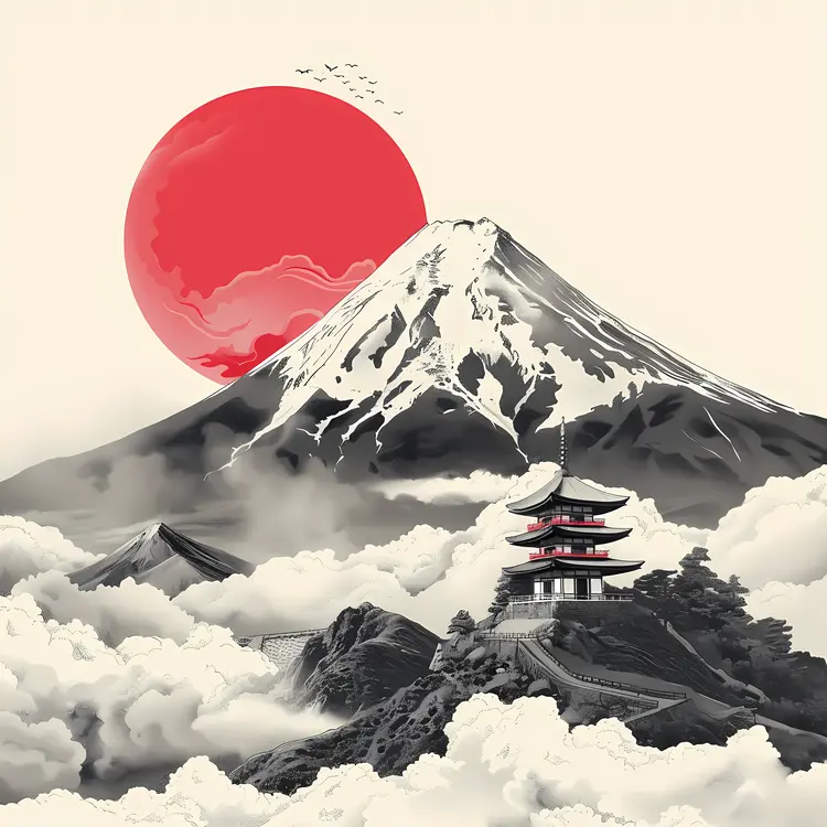 Snow-Capped Mountain with Pagoda and Sun