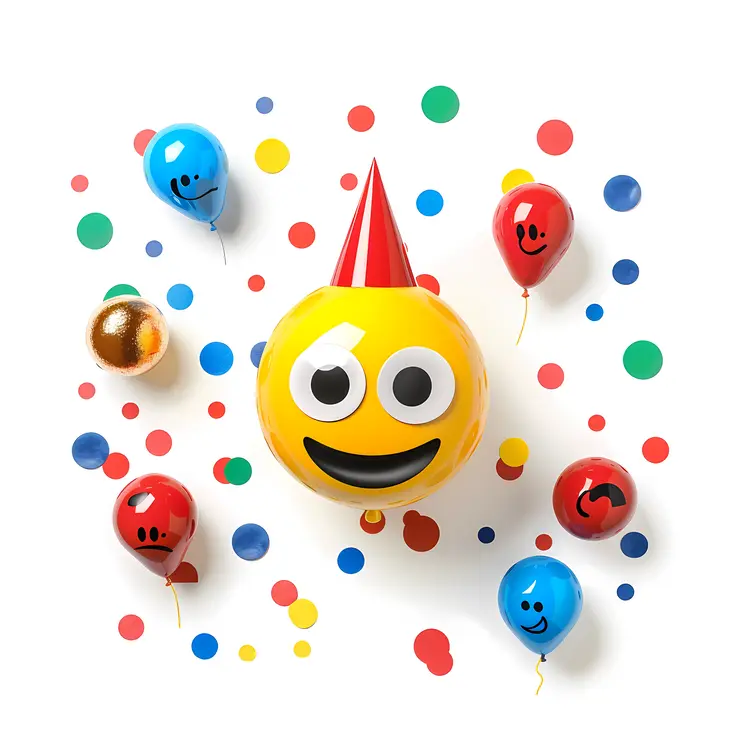 Yellow Smiley Balloon with Party Hat and Confetti