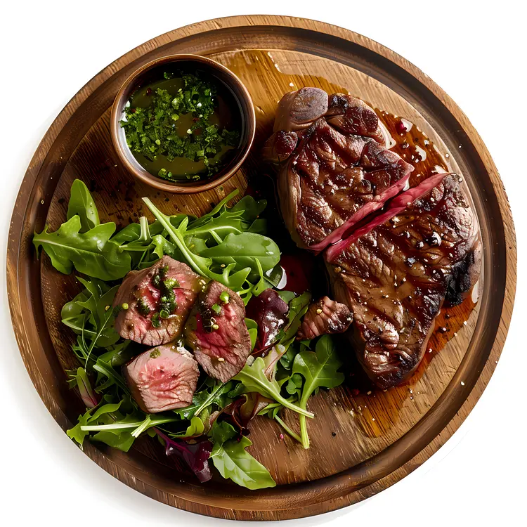 Grilled Steak with Fresh Greens on Wooden Plate