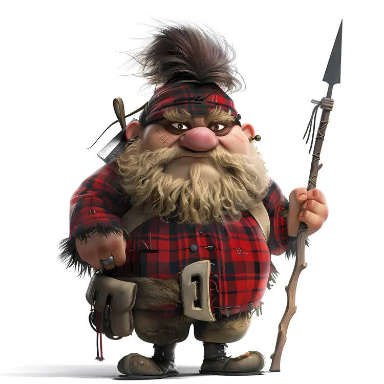 Cartoon Bearded Man in Plaid with Spear