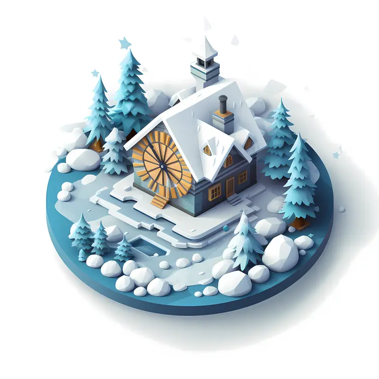 Snowy Clock House in Winter Forest